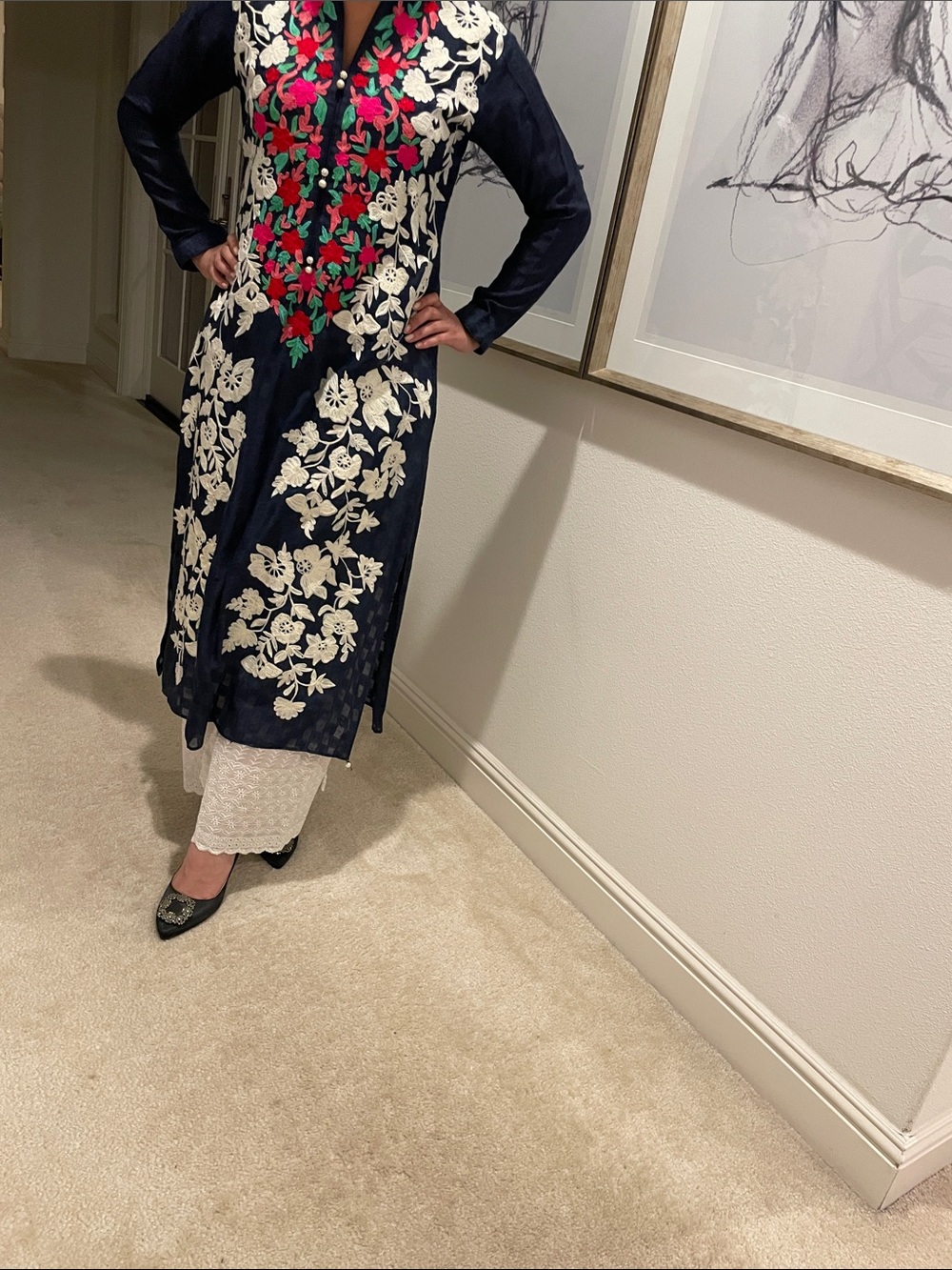 Navy Embroidered Straight Ajaar pants with kameez with Pink Floral Accents